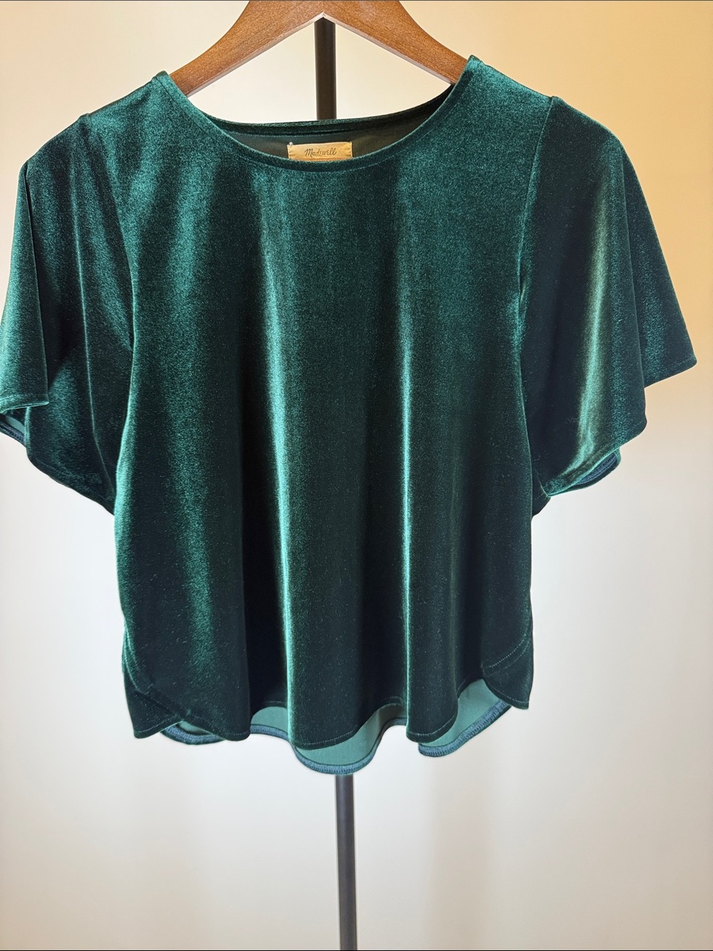 Madewell Velvet Butterfly Top Hunter Green Short Sleeve Blouse | Size S
